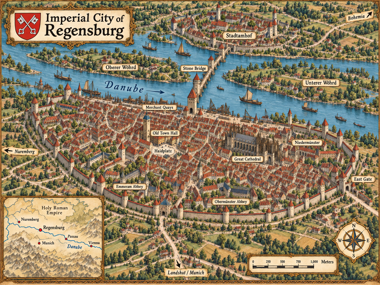Illustrated map of medieval Regensburg, showing the Danube, Stone Bridge, Stadtamhof, the Wöhrd islands, city walls, cathedral and abbeys