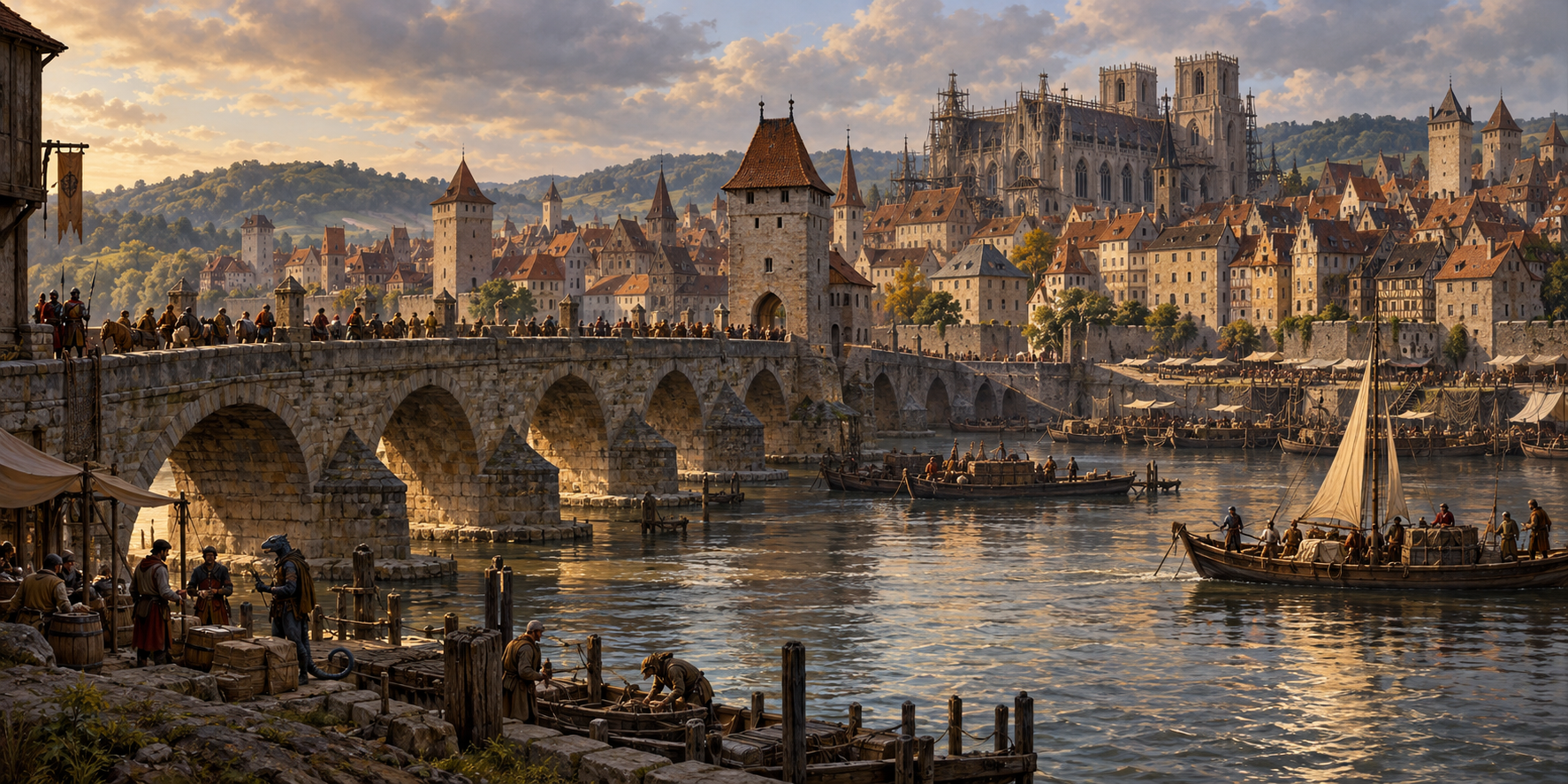 Regensburg in the Middle Ages, with the Stone Bridge spanning the Danube, merchant quays and the unfinished cathedral
