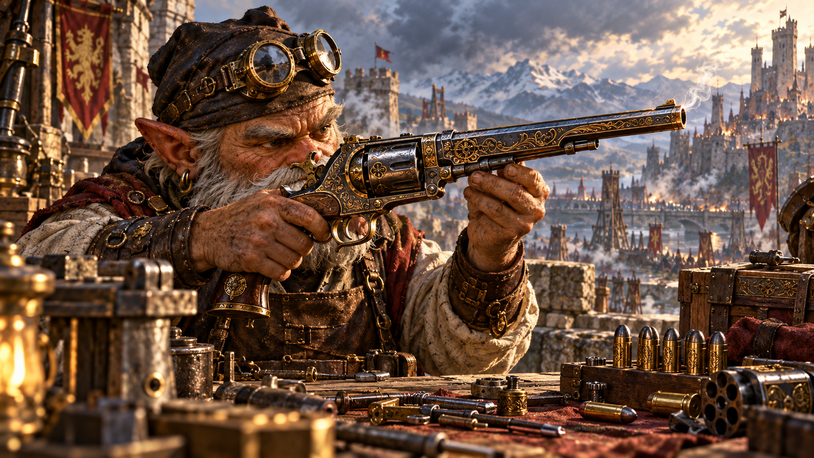 Gnome gunsmith with an advanced frontier revolver overlooking a fortress city