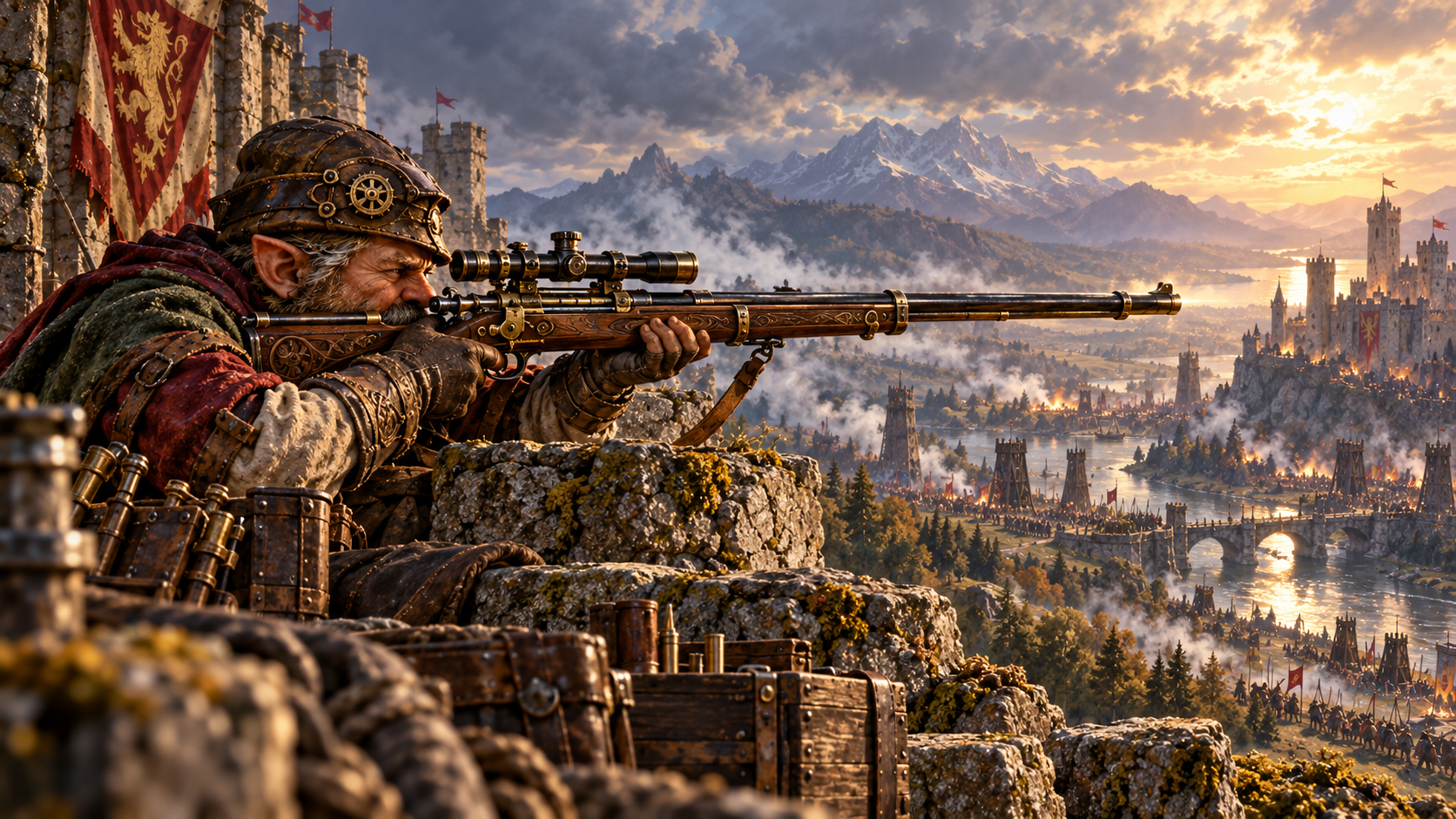 Gnome marksman with a precision long rifle overlooking a fortified valley