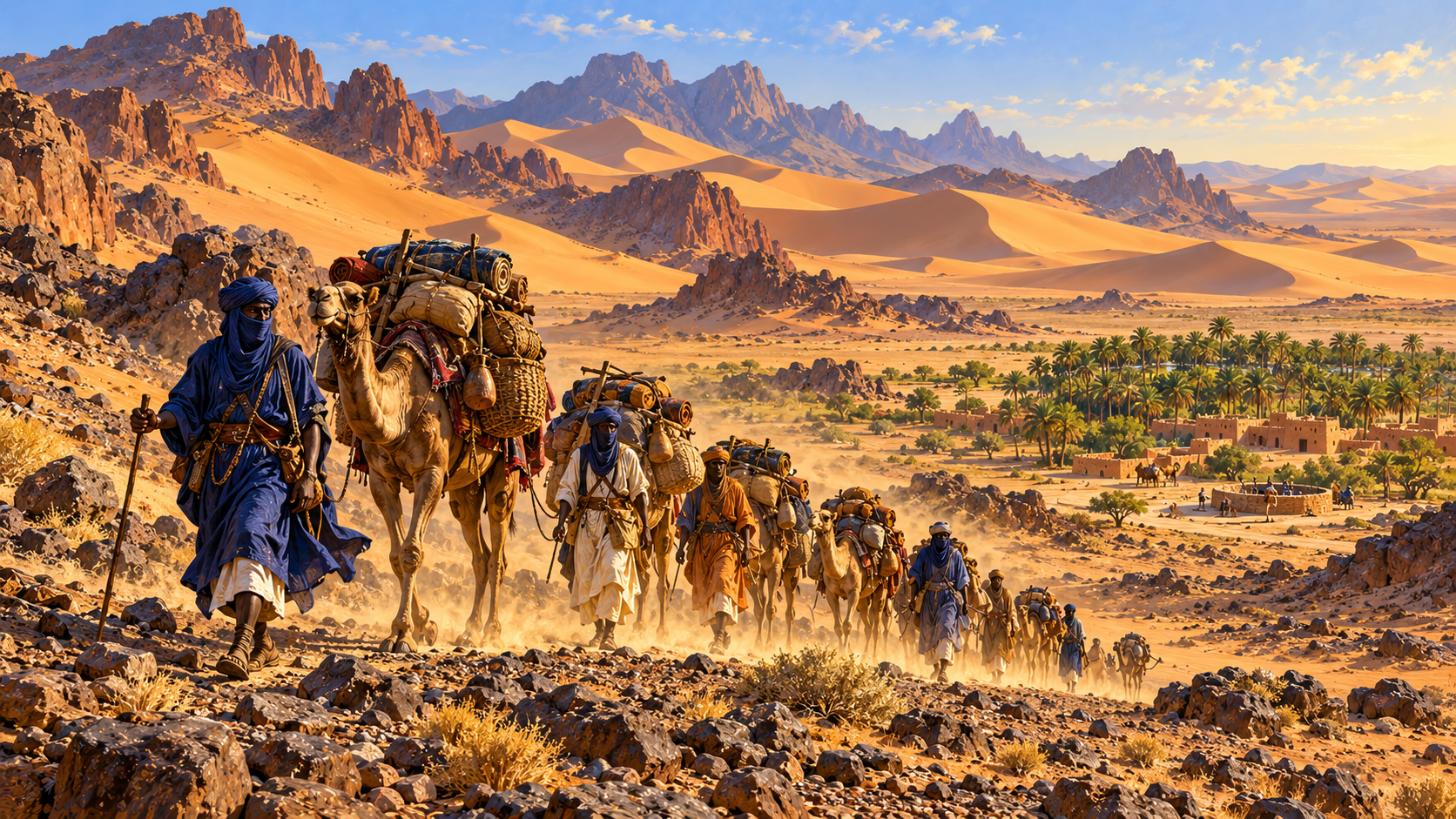 Painted Saharan camel caravan crossing rocky plains and golden dunes toward a date-palm oasis