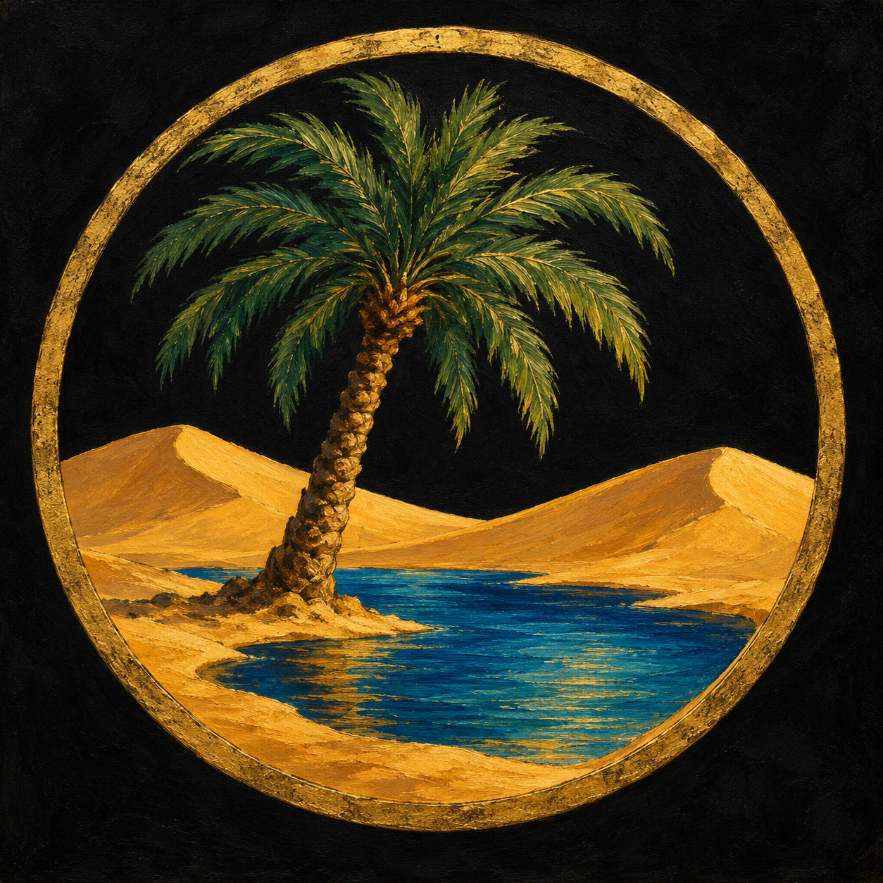 Painted gold-edged medallion with a date palm, blue oasis pool and ochre dunes on a dark background