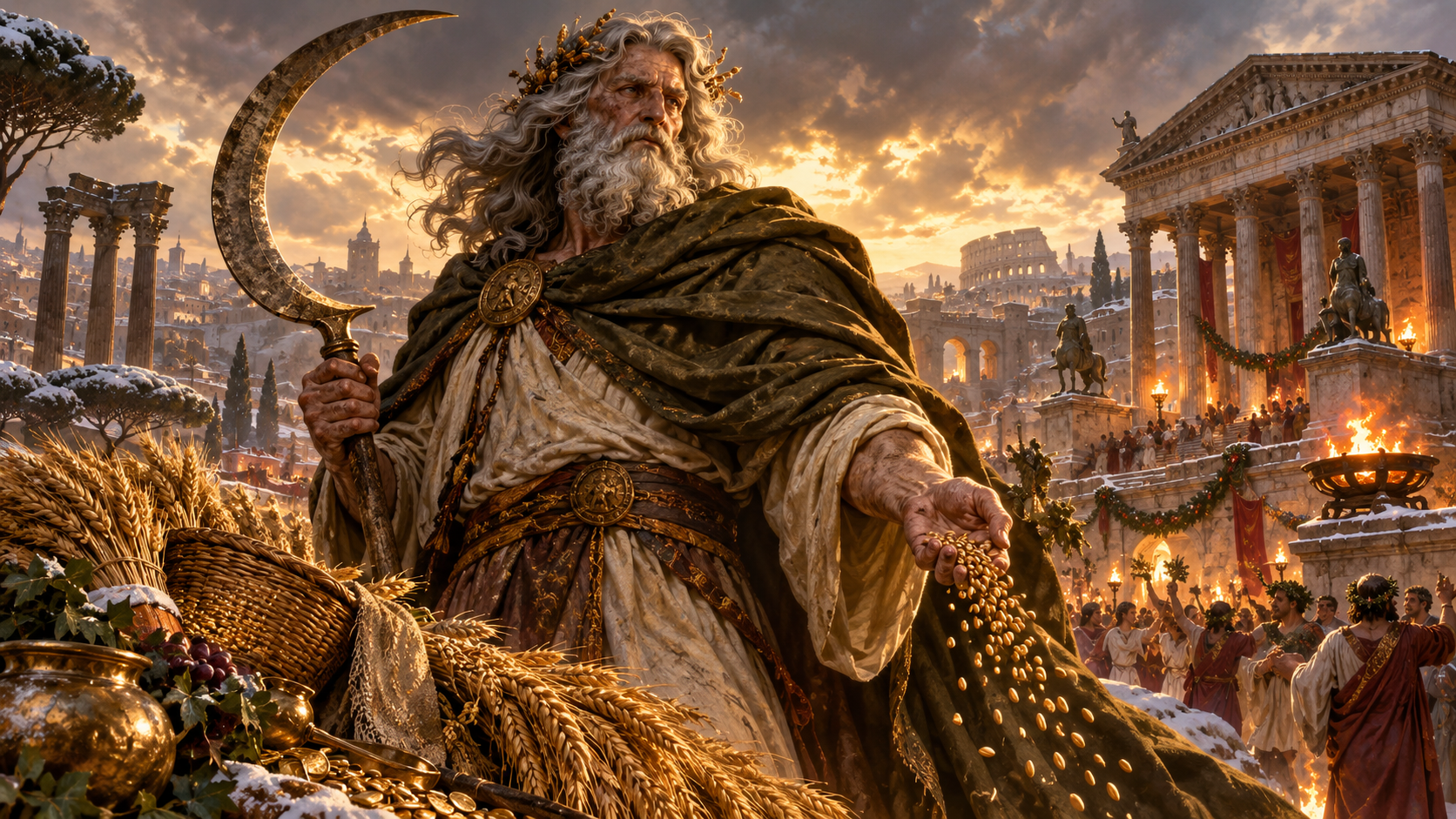 Saturn, Roman god of sowing, the Golden Age and Saturnalia, holding his sickle and scattering seed above Rome