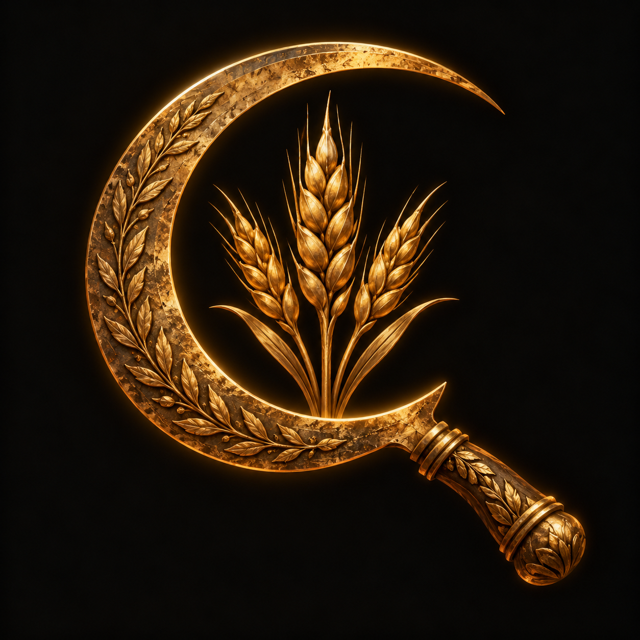 Sacred symbol of Saturn: a golden sickle enclosing ripe grain