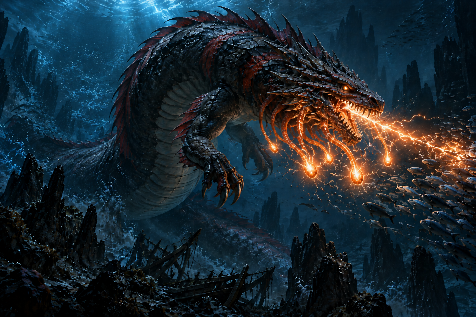 Colossal Sea Linnorm, a black and crimson abyssal dragon with glowing orange facial lures and bioelectric discharges, hunting in a deep ocean trench