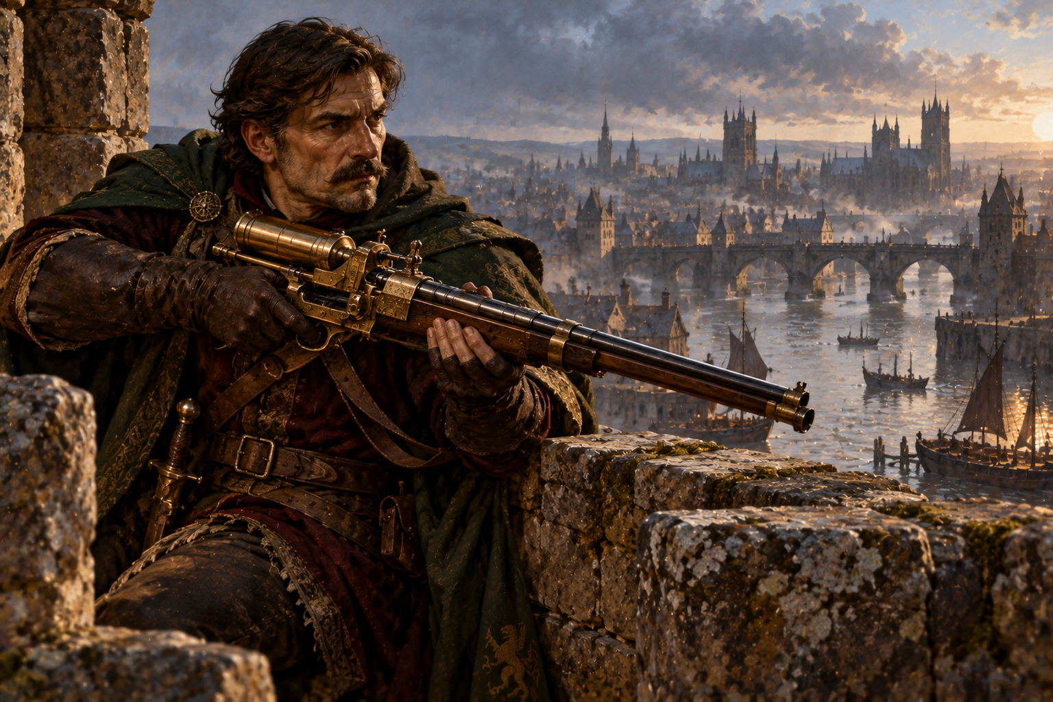 Enlarged painted portrait of Sebastian Moran holding his silent air-gun over medieval London