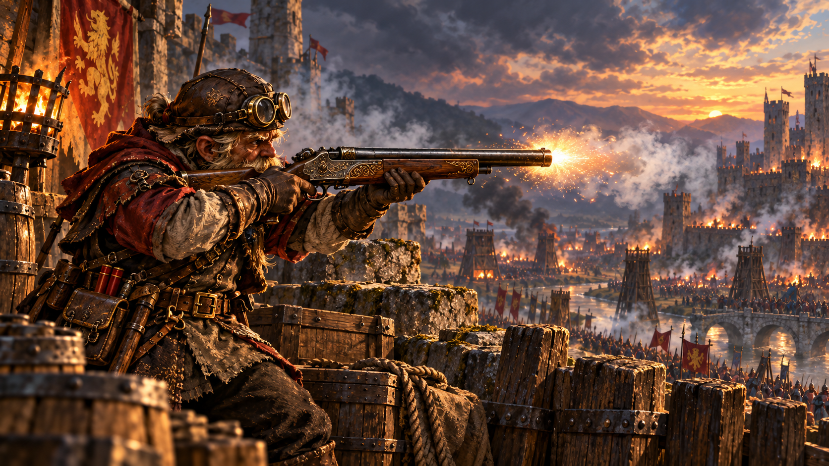 Advanced gnome-built shotgun in a medieval-fantasy siege setting