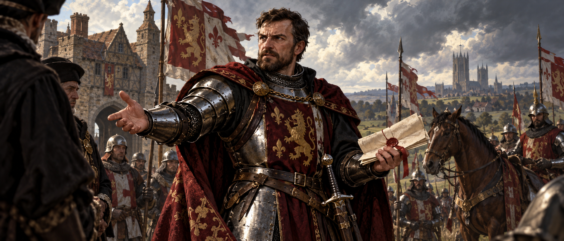 Sir Charles Sibthorp, the Lincolnshire Firebrand, a fifteenth-century English knight and parliamentarian holding sealed warrants before his armed retainers