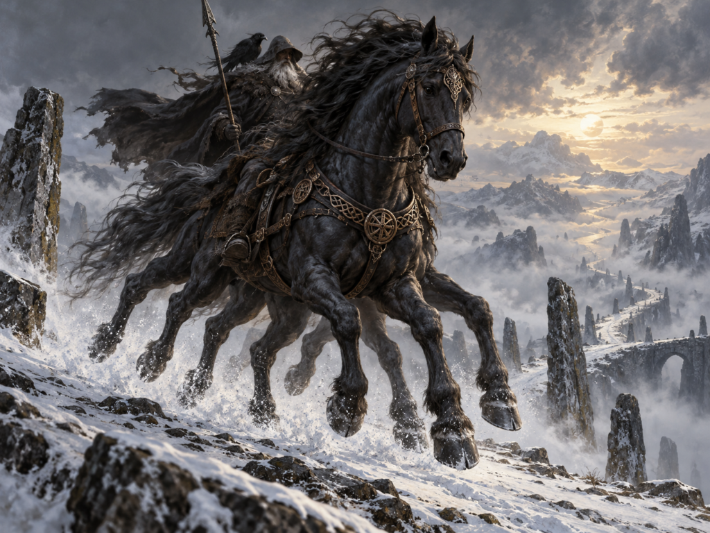 Sleipnir, Odin's supernatural eight-legged horse, running along a misty northern road