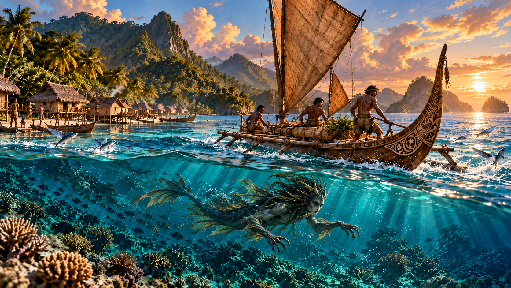 An Adaro sea spirit with a humanlike face and fins swims below a voyaging canoe beside a Solomon Islands reef