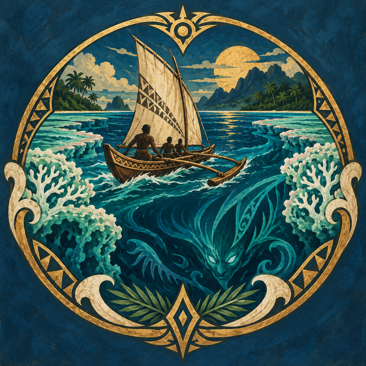 Painted fantasy emblem of a Solomon Islands voyaging canoe threading a reef above the Adaro sea spirit