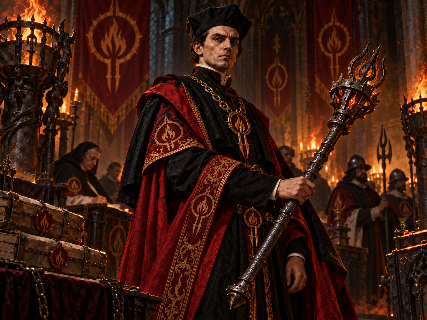 Grand Inquisitor Torquemada and his officers preside in a firelit tribunal bearing the flame-and-fork insignia
