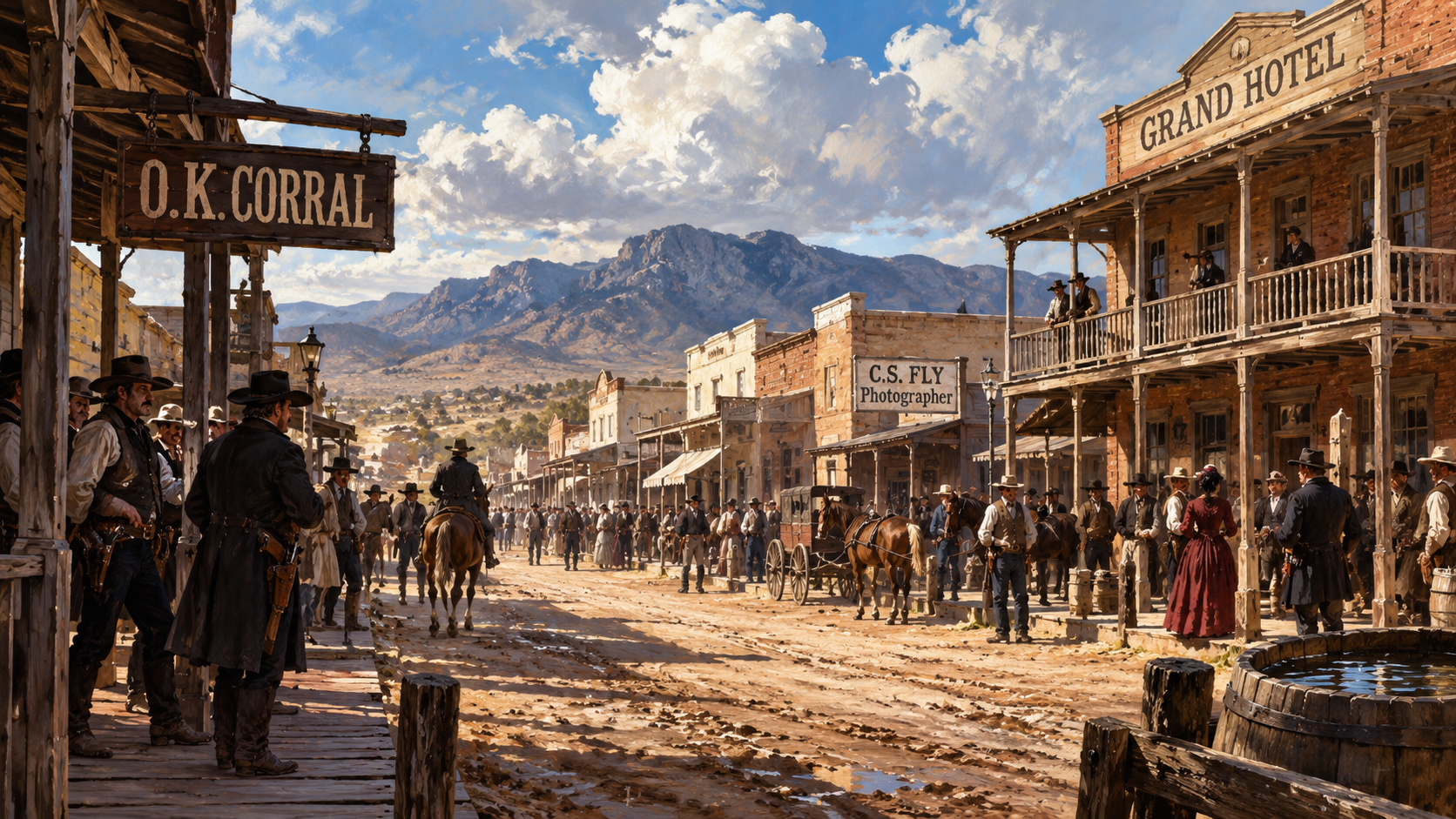 Panoramic painted Tombstone silver-boom townscape: horse riders, wagons, old-west shops, a photographer's storefront and hotel with mountains behind