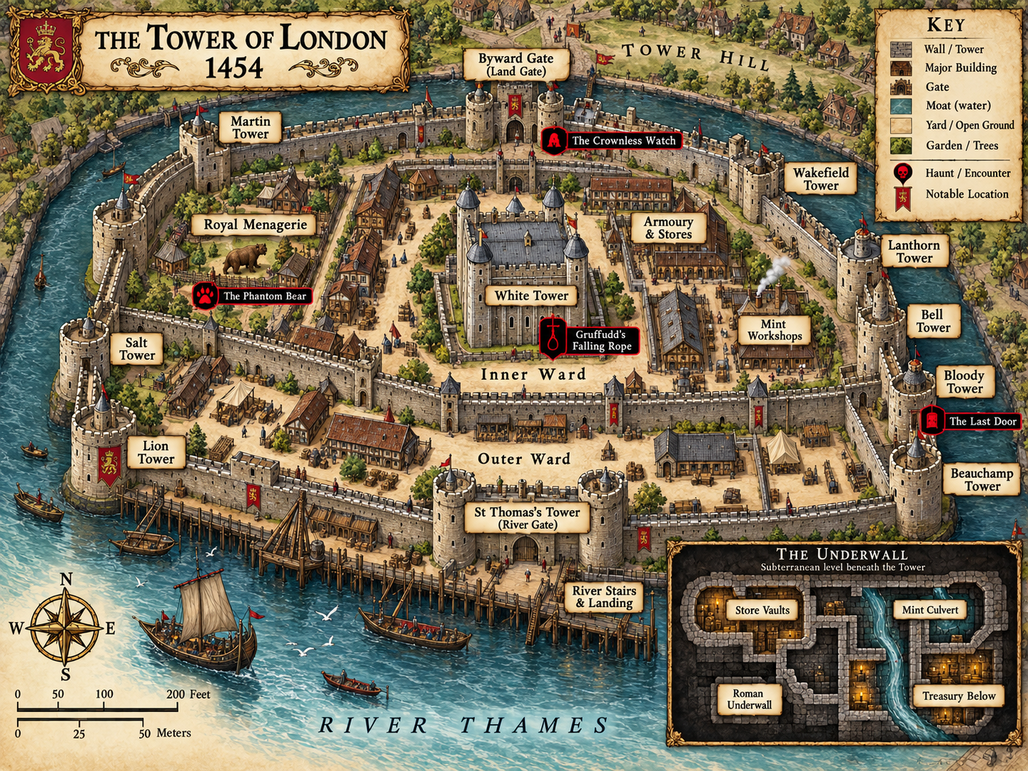 Illustrated campaign map of the Tower of London showing the White Tower, inner and outer wards, principal towers, royal menagerie, Mint, river gate, Thames landing, haunt locations and the Underwall beneath the fortress