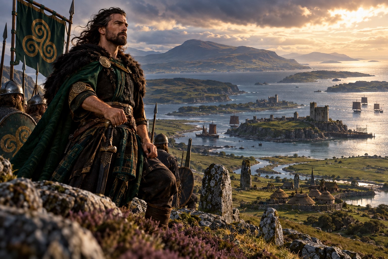 Ulster Gaelic chieftain overlooking northern sea roads, island strongholds and coastal settlements