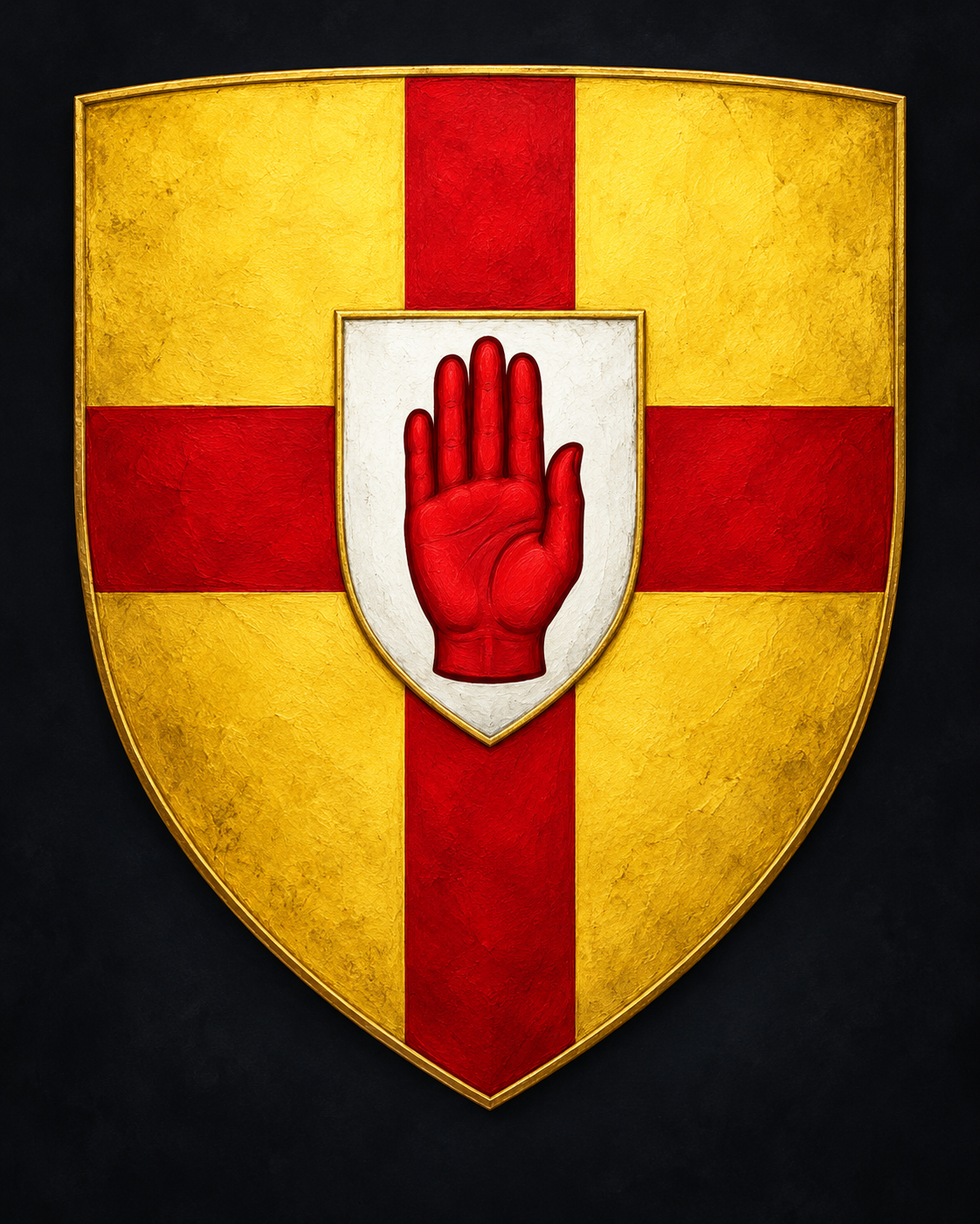 Painted heraldic shield of Ulster showing a red cross on gold with a central white shield bearing the Red Hand of Ulster
