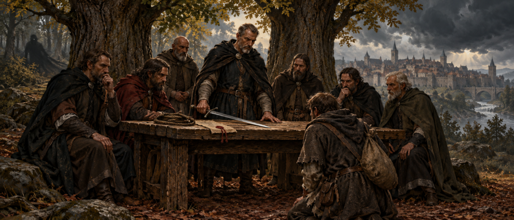 Vehmic Court of Westphalia: medieval judges convene beneath oak trees to hear a traveller's case, with a distant fortified city