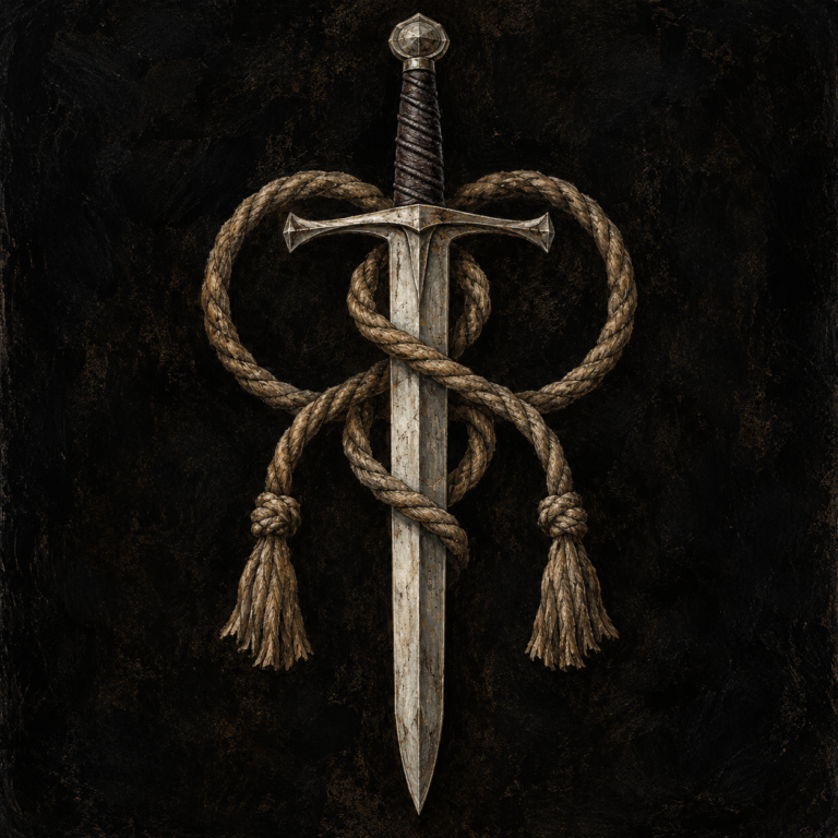Painted Vehmic Court emblem showing a silver judicial sword entwined with a braided rope on a dark background
