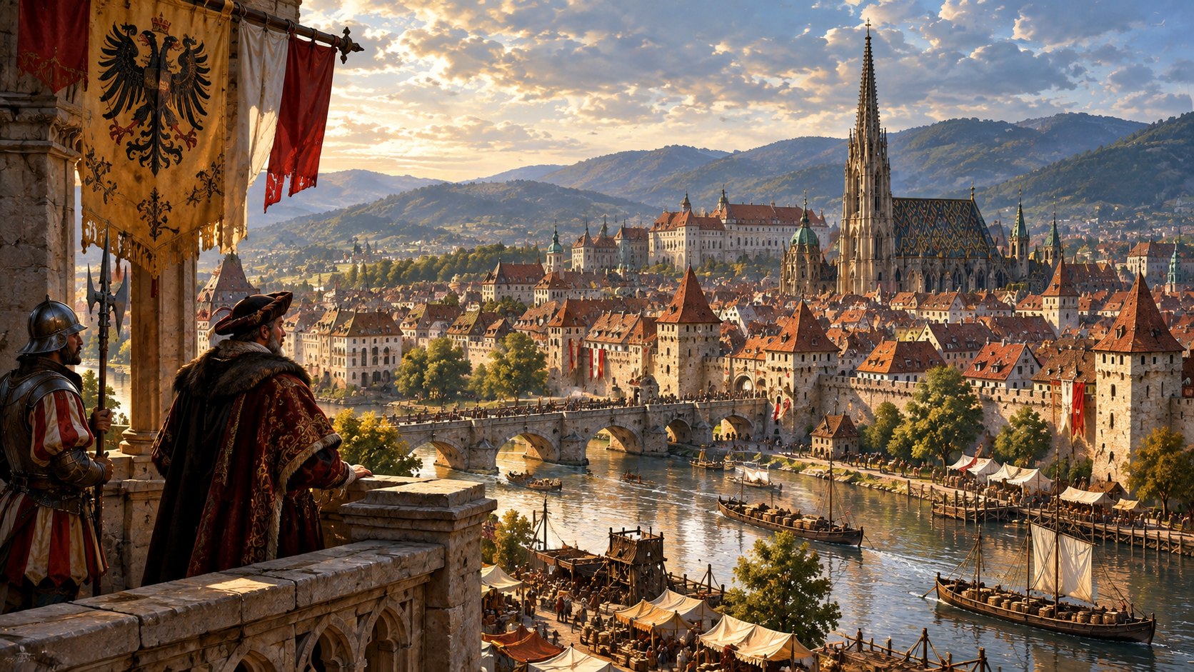 Painted panorama of medieval Vienna, with the walled city, Gothic spire, Habsburg banner, Danube barges and a nobleman overlooking the river