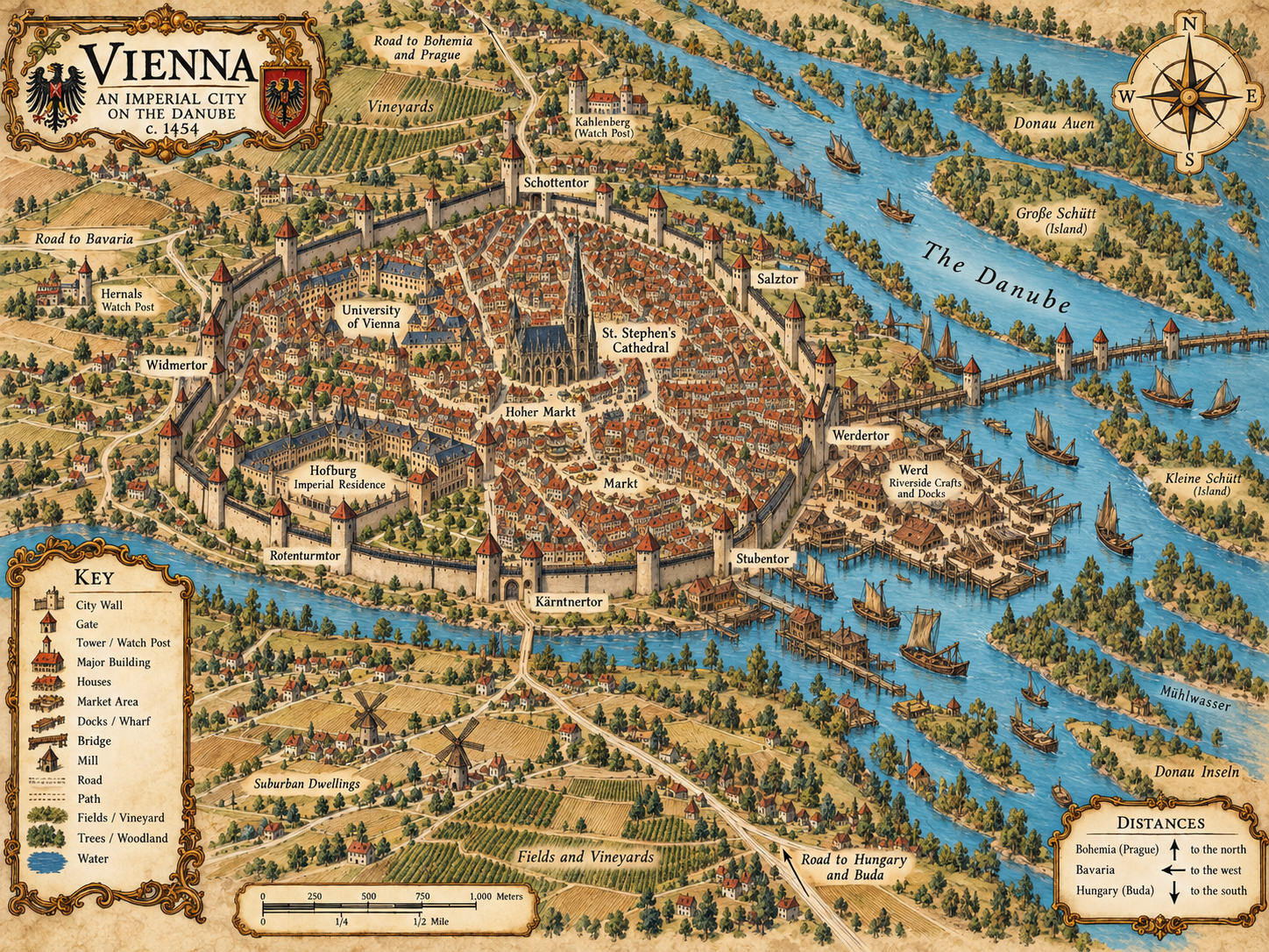 Illustrated campaign map of medieval Vienna showing the Hofburg, city walls and gates, Hoher Markt, university, river quays and Danube islands