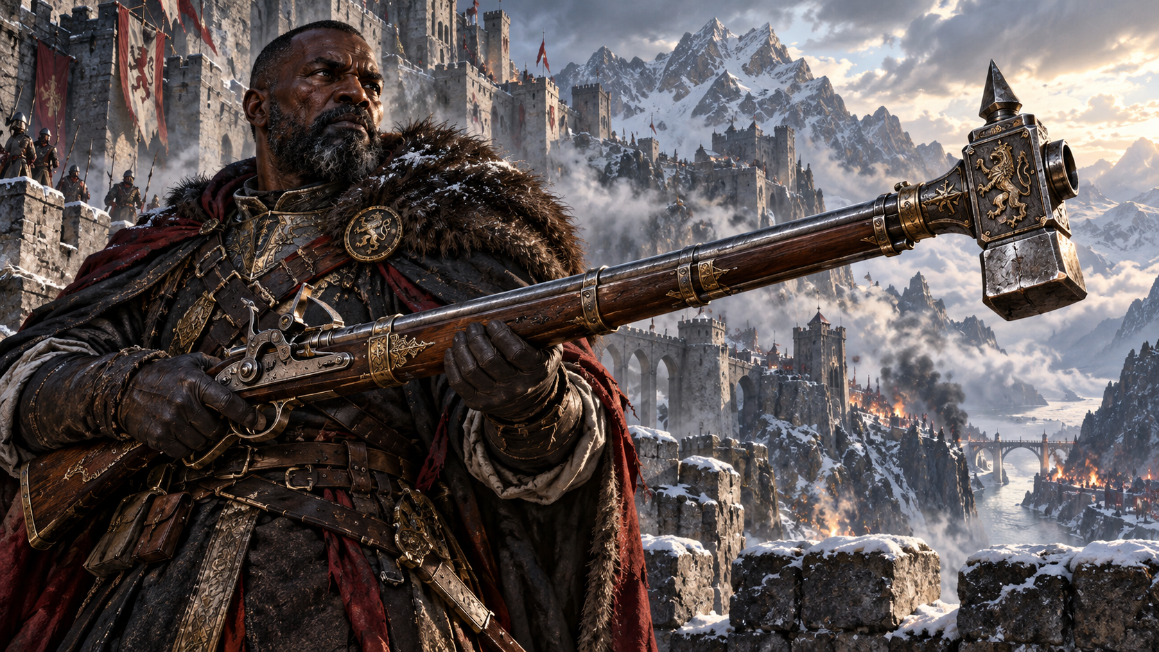 Warrior holding a warhammer musket before a snowbound mountain fortress