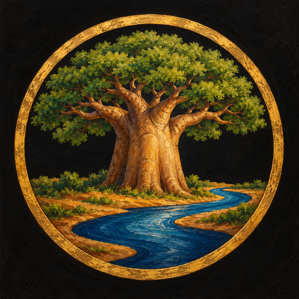 Painted gold-edged medallion with a baobab above a winding blue river on a dark background