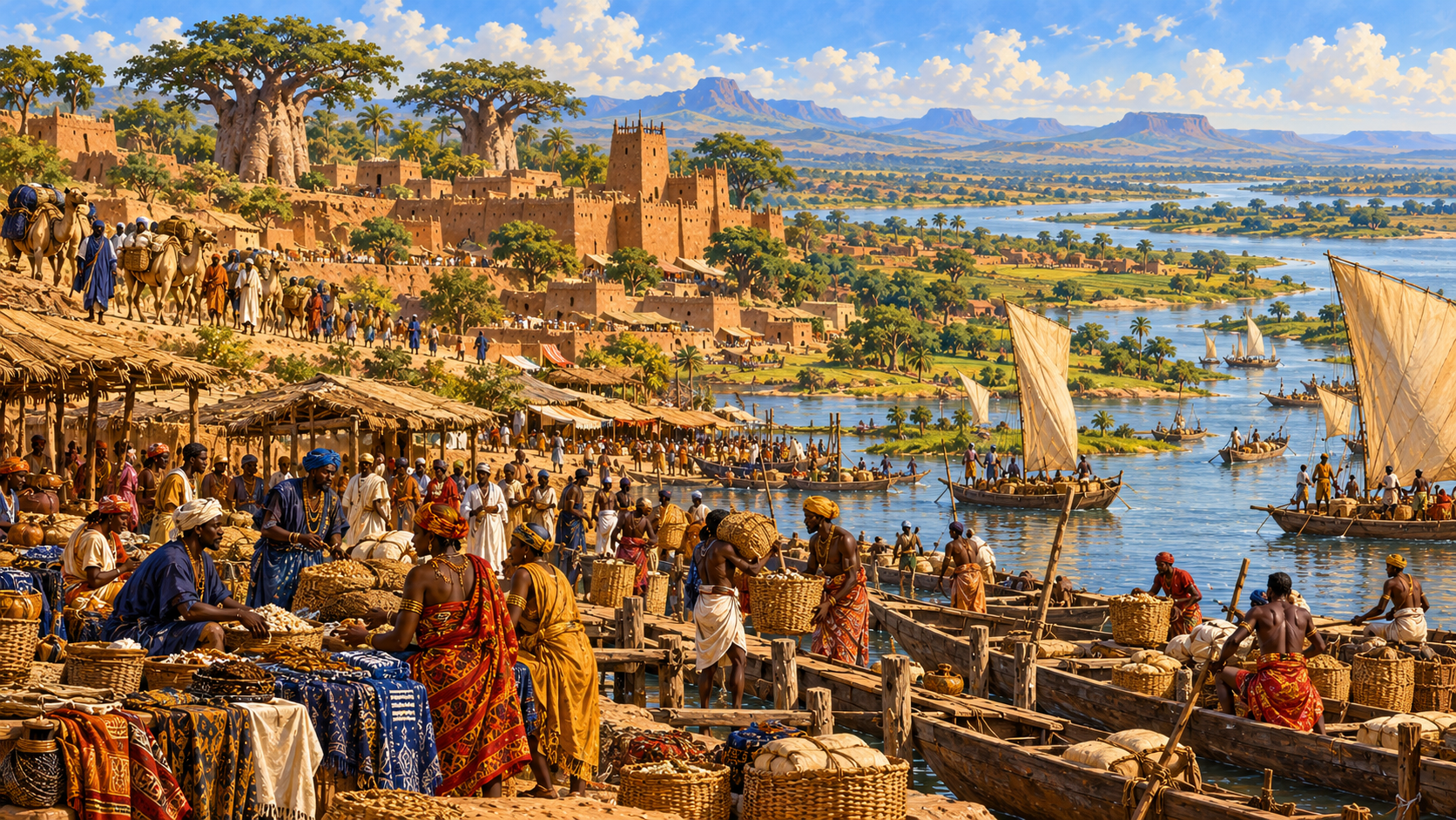 Painted Niger river market with wooden boats, merchants, a caravan and baobab trees