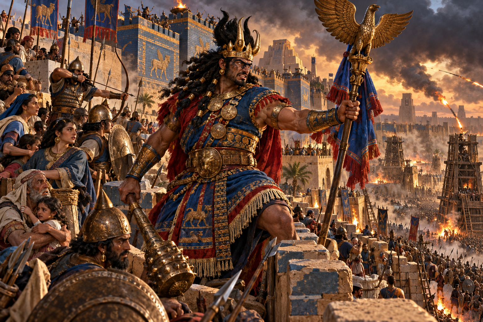 Zababa, warrior god of Kish, defending a fortified Mesopotamian city during battle.