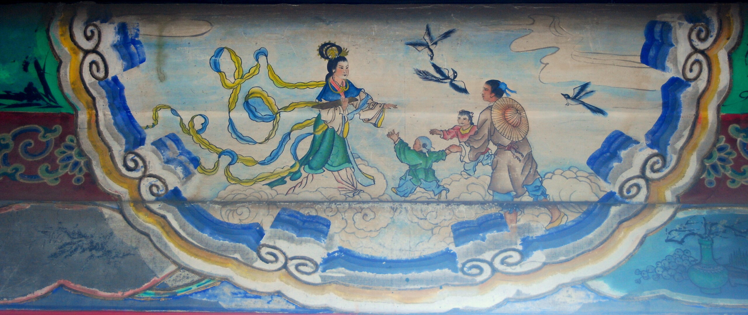 Niulang and Zhinü reunited on the magpie bridge in a painting from the Long Corridor of Beijing's Summer Palace