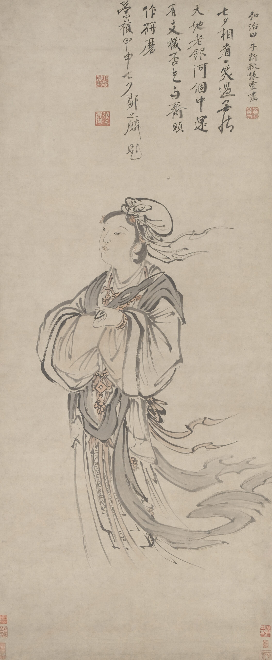 Zhinü, the Weaver Girl, holding a shuttle in Zhang Ling's 1504 Chinese painting